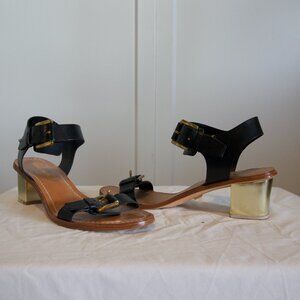 Black Leather Sandals with Tan Sole and Gold Heel